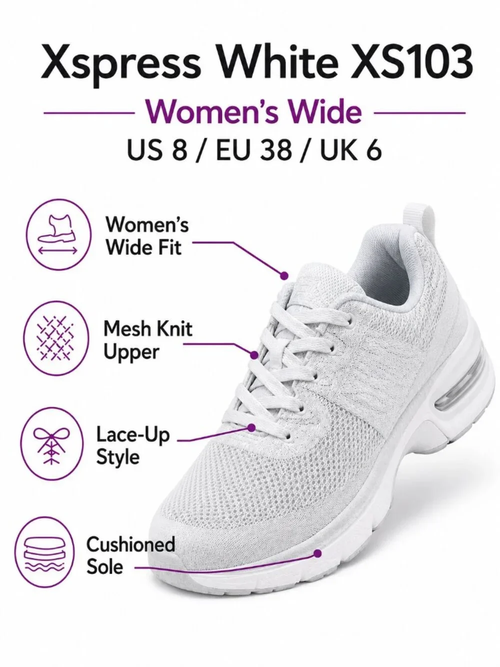 Aetrex XS103 Women’s Size 8 Wide White Arch Support Sneakers New in Box